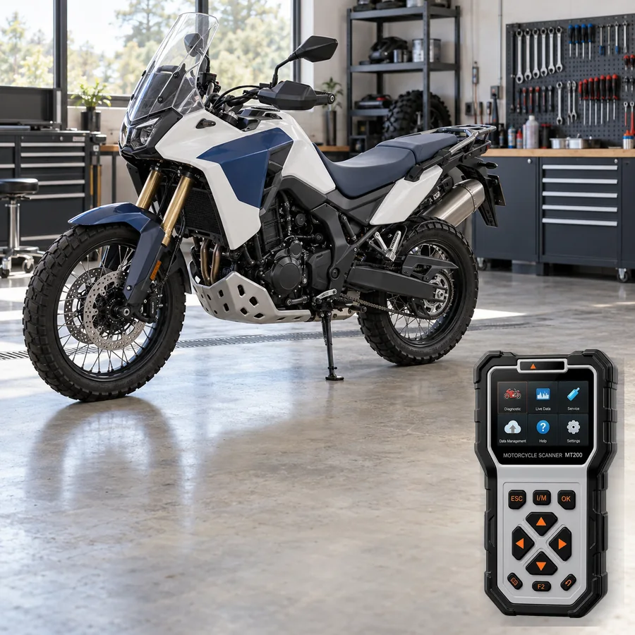 Honda XL750 Transalp arıza tespit cihazı seçimini anlatan, logosuz adventure motosiklet ve gerçek ANCEL MT200 ürün kesiti içeren temsilî servis görseli; model uyumluluğu kanıtı değildir
