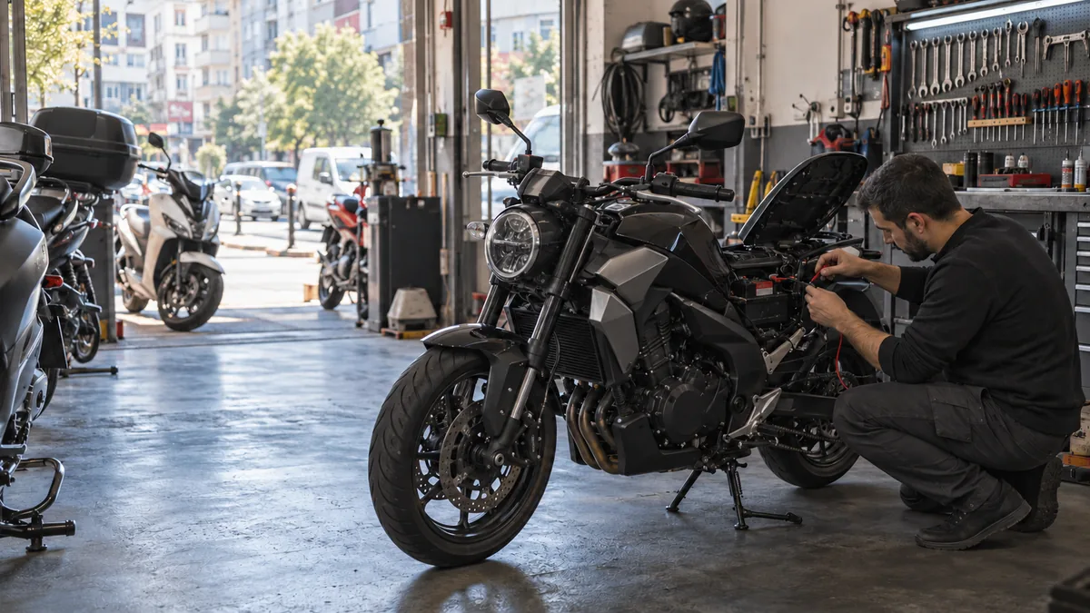 İstanbul motosiklet servisinde akü ve teşhis soketi ön kontrolü yapan teknisyen