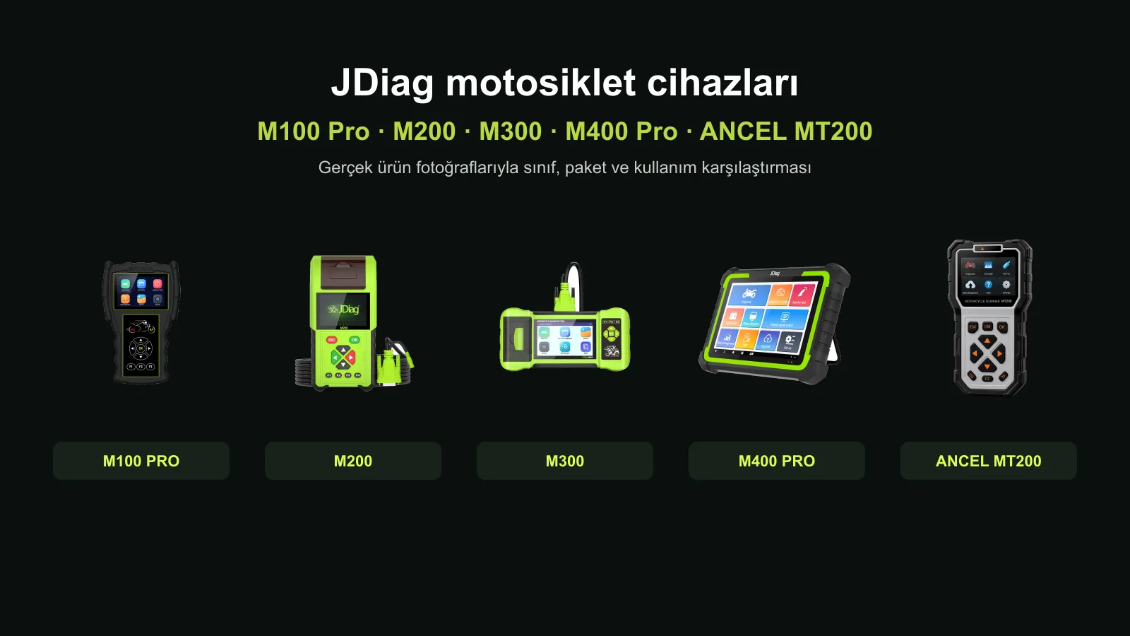 JDiag M100 Pro, M200, M300 ve M400 Pro ile ANCEL MT200 gerçek ürün fotoğrafları karşılaştırması