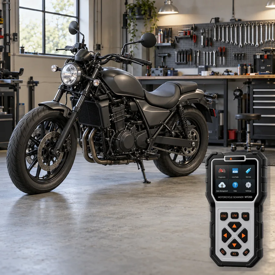 Kawasaki Eliminator 500 SE sınıfını anlatan logosuz temsili servis sahnesi ve gerçek ANCEL MT200; görsel uyumluluk kanıtı değildir