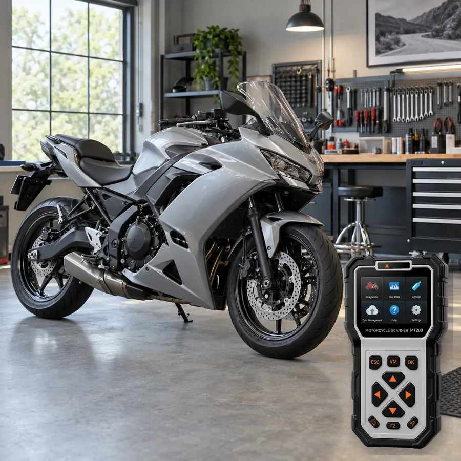 Kawasaki Ninja 650 sınıfını anlatan logosuz temsili servis sahnesi ve gerçek ANCEL MT200; görsel uyumluluk kanıtı değildir