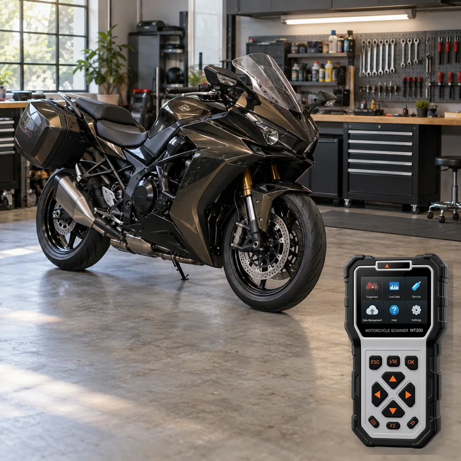 Kawasaki Ninja H2 SX sınıfını anlatan logosuz temsili servis sahnesi ve gerçek ANCEL MT200; görsel uyumluluk kanıtı değildir