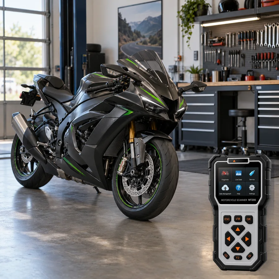Kawasaki Ninja ZX-10R sınıfını anlatan logosuz temsili servis sahnesi ve gerçek ANCEL MT200; görsel uyumluluk kanıtı değildir