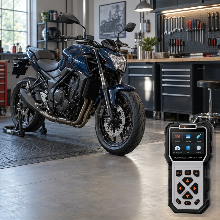 Kawasaki Z650 sınıfını anlatan logosuz temsili servis sahnesi ve gerçek ANCEL MT200; görsel uyumluluk kanıtı değildir