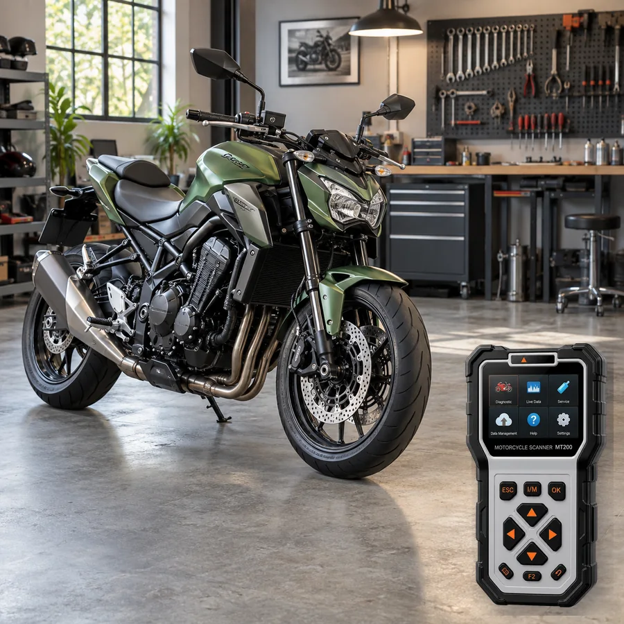 Kawasaki Z900 sınıfını anlatan logosuz temsili servis sahnesi ve gerçek ANCEL MT200; görsel uyumluluk kanıtı değildir