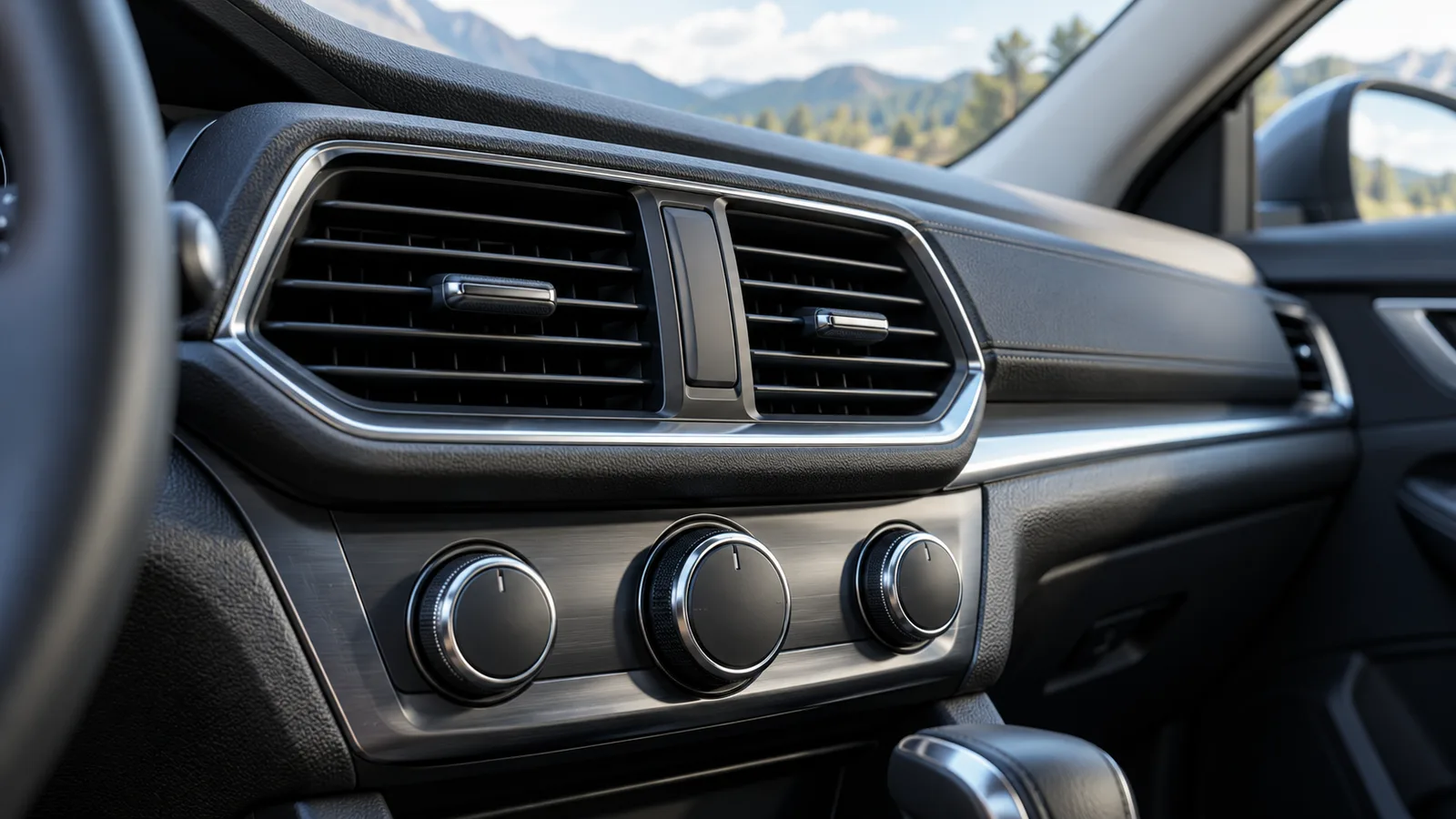Vehicle's ventilation grilles and AC controls; AI-generated representative cabin image, not an actual measurement record.