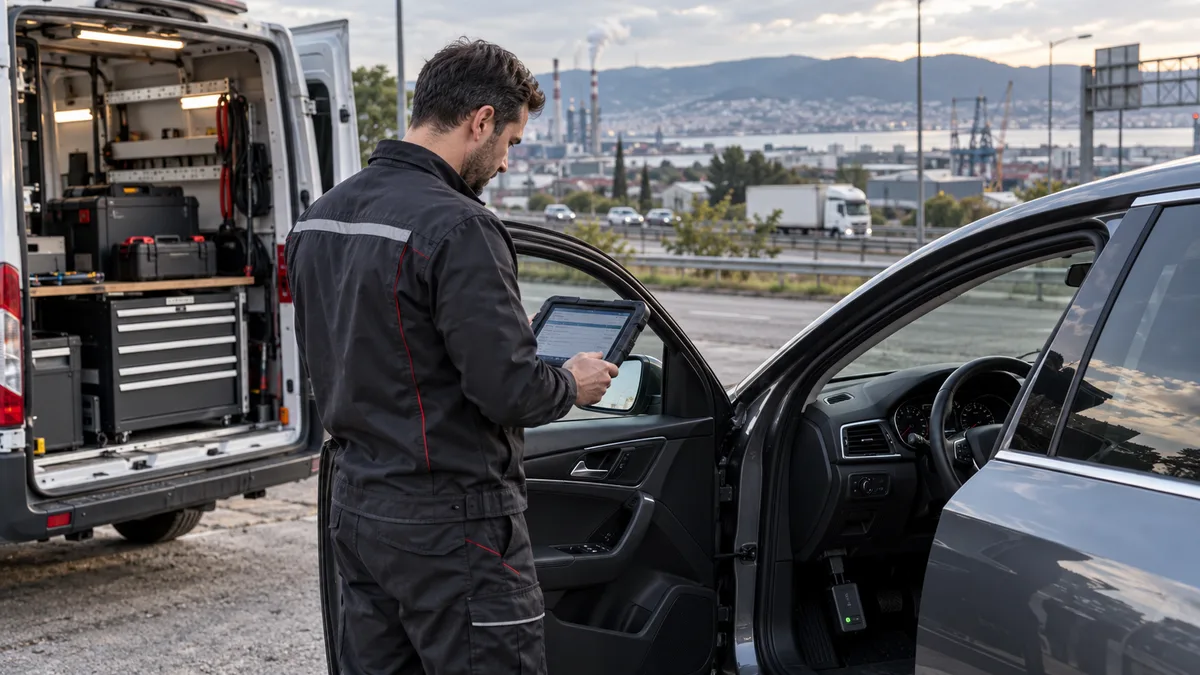 Kocaeli filo ve hafif ticari arıza tespit cihazı için otomotiv servisinde arıza tespit cihazı kullanılan gerçekçi kapak görseli