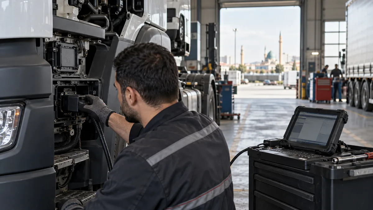 Konya ağır vasıta arıza tespit cihazı için otomotiv servisinde arıza tespit cihazı kullanılan gerçekçi kapak görseli