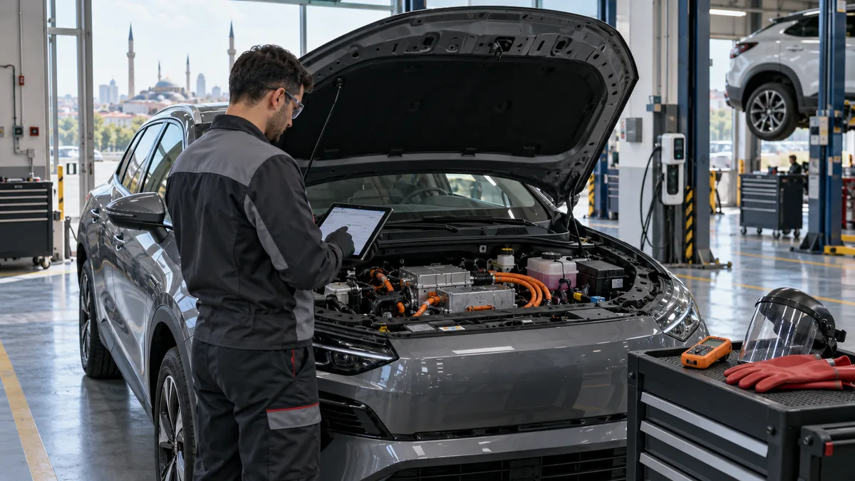 Konya elektrikli ve hibrit araç diagnostik cihazı için otomotiv servisinde arıza tespit cihazı kullanılan gerçekçi kapak görseli