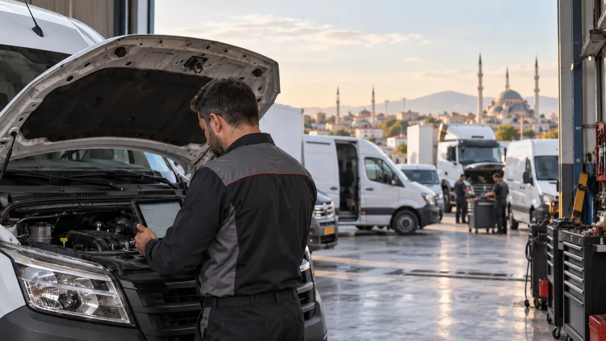 Konya filo ve hafif ticari arıza tespit cihazı için otomotiv servisinde arıza tespit cihazı kullanılan gerçekçi kapak görseli