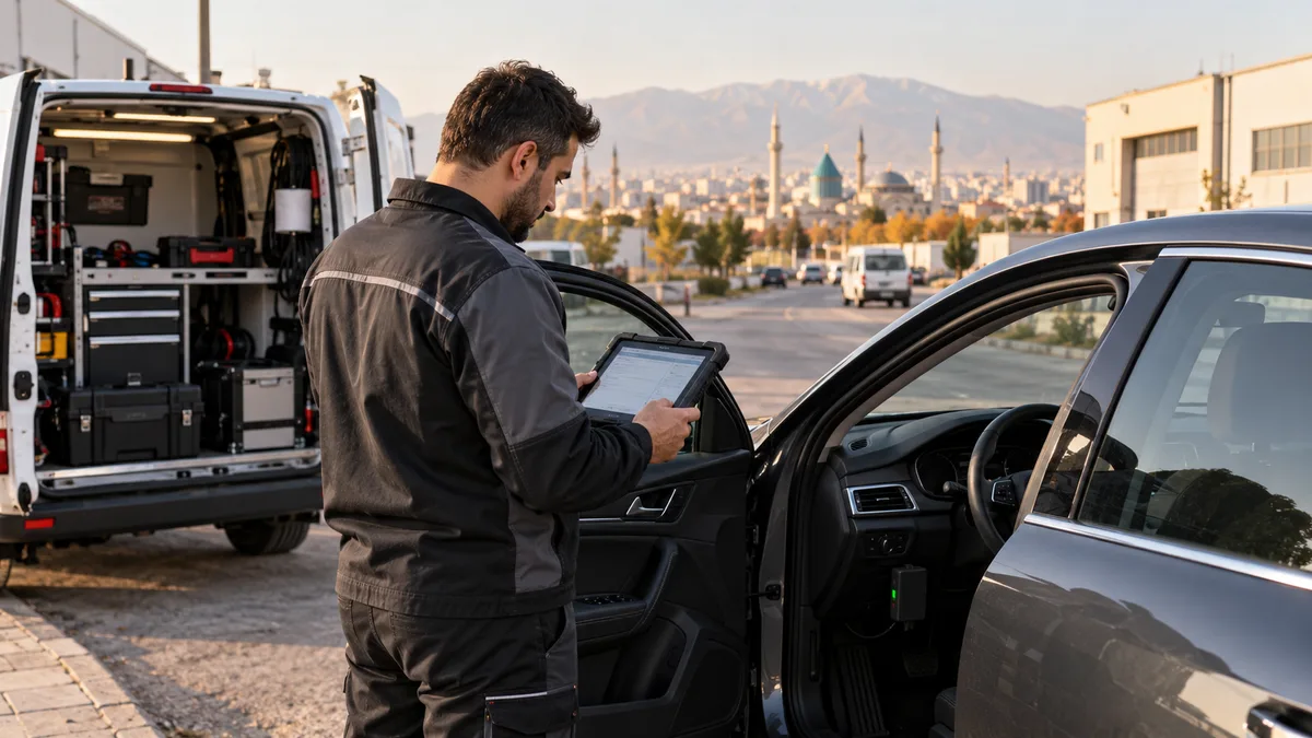 Konya mobil servis arıza tespit cihazı için otomotiv servisinde arıza tespit cihazı kullanılan gerçekçi kapak görseli