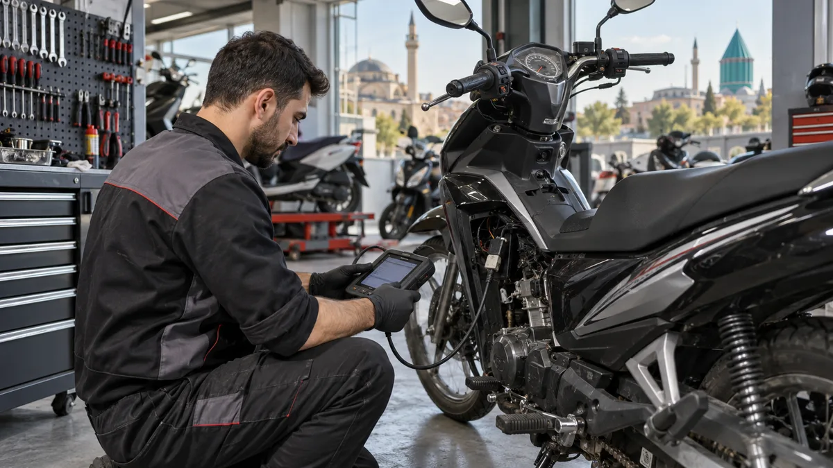 Konya motosiklet arıza tespit cihazı için otomotiv servisinde arıza tespit cihazı kullanılan gerçekçi kapak görseli