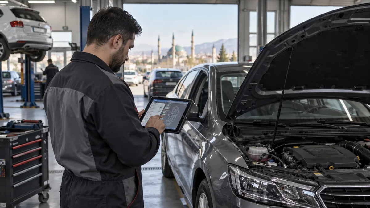Konya oto ekspertiz tam sistem tarama cihazı için otomotiv servisinde arıza tespit cihazı kullanılan gerçekçi kapak görseli