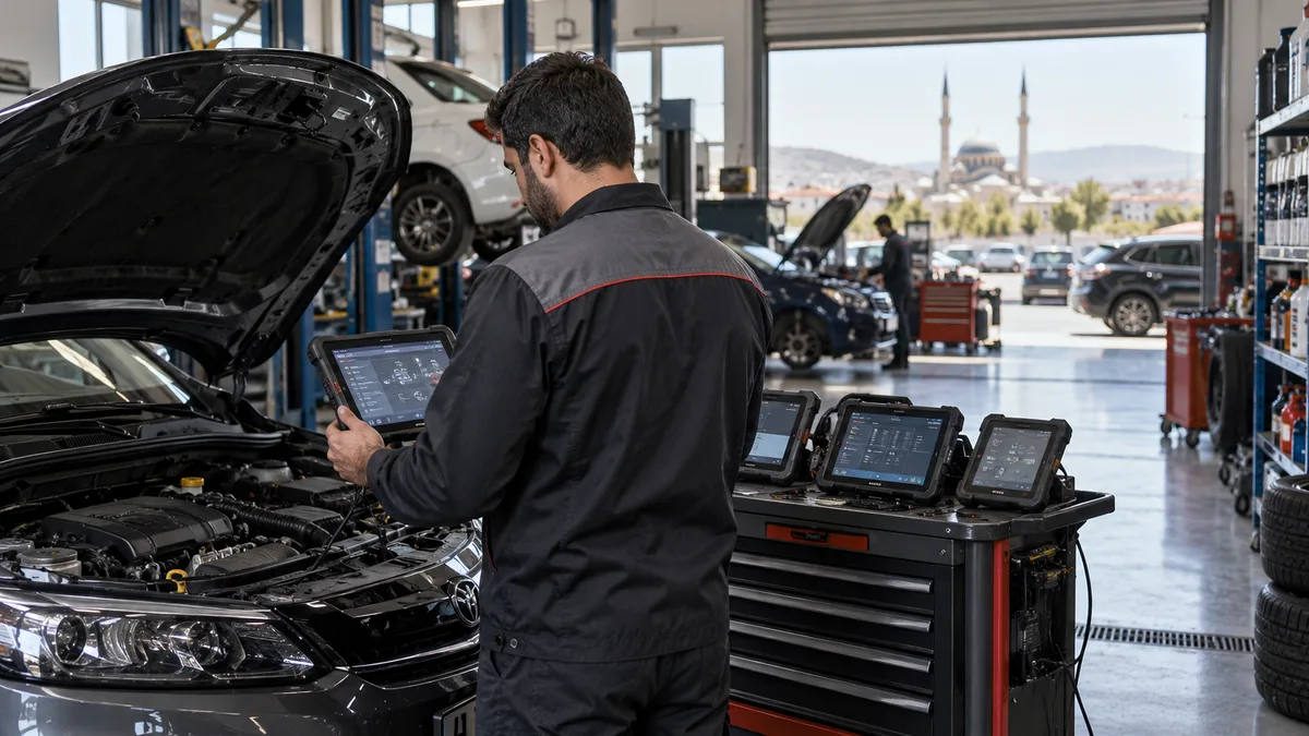 Konya çok markalı oto servis cihazı için otomotiv servisinde arıza tespit cihazı kullanılan gerçekçi kapak görseli