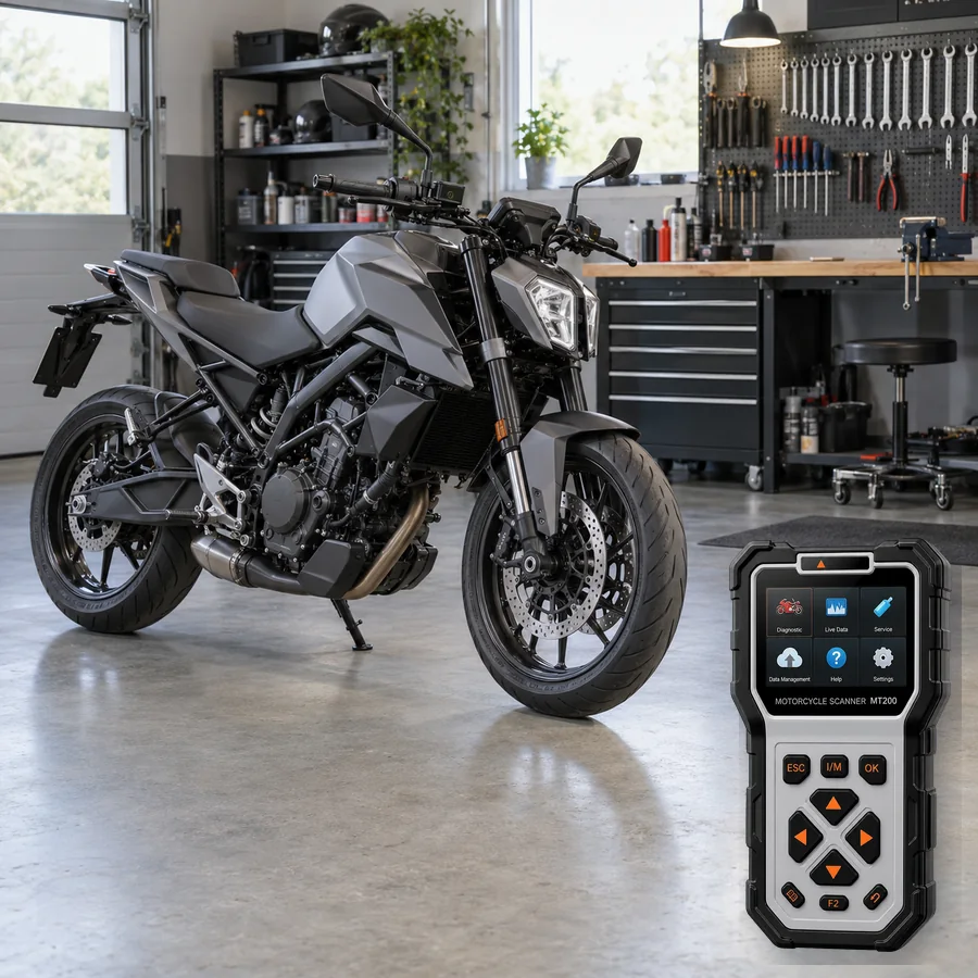2026 KTM 250 Duke sınıfını anlatan logosuz temsili servis sahnesi ve gerçek ANCEL MT200; görsel uyumluluk kanıtı değildir