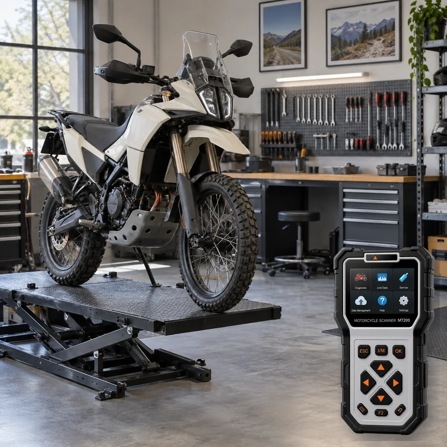 2026 KTM 390 Adventure R sınıfını anlatan logosuz temsili servis sahnesi ve gerçek ANCEL MT200; görsel uyumluluk kanıtı değildir