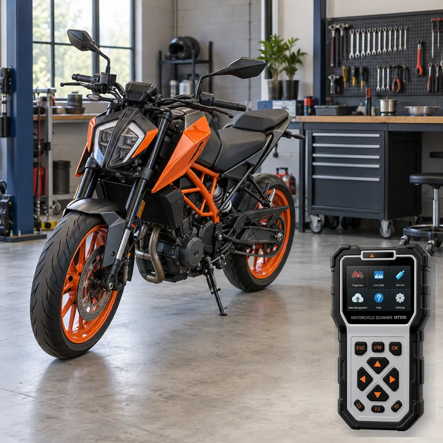 2026 KTM 390 Duke sınıfını anlatan logosuz temsili servis sahnesi ve gerçek ANCEL MT200; görsel uyumluluk kanıtı değildir