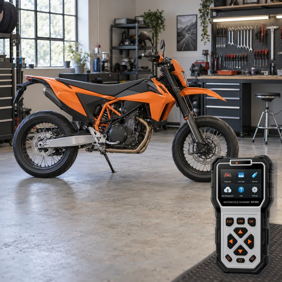 2026 KTM 690 SMC R sınıfını anlatan logosuz temsili servis sahnesi ve gerçek ANCEL MT200; görsel uyumluluk kanıtı değildir