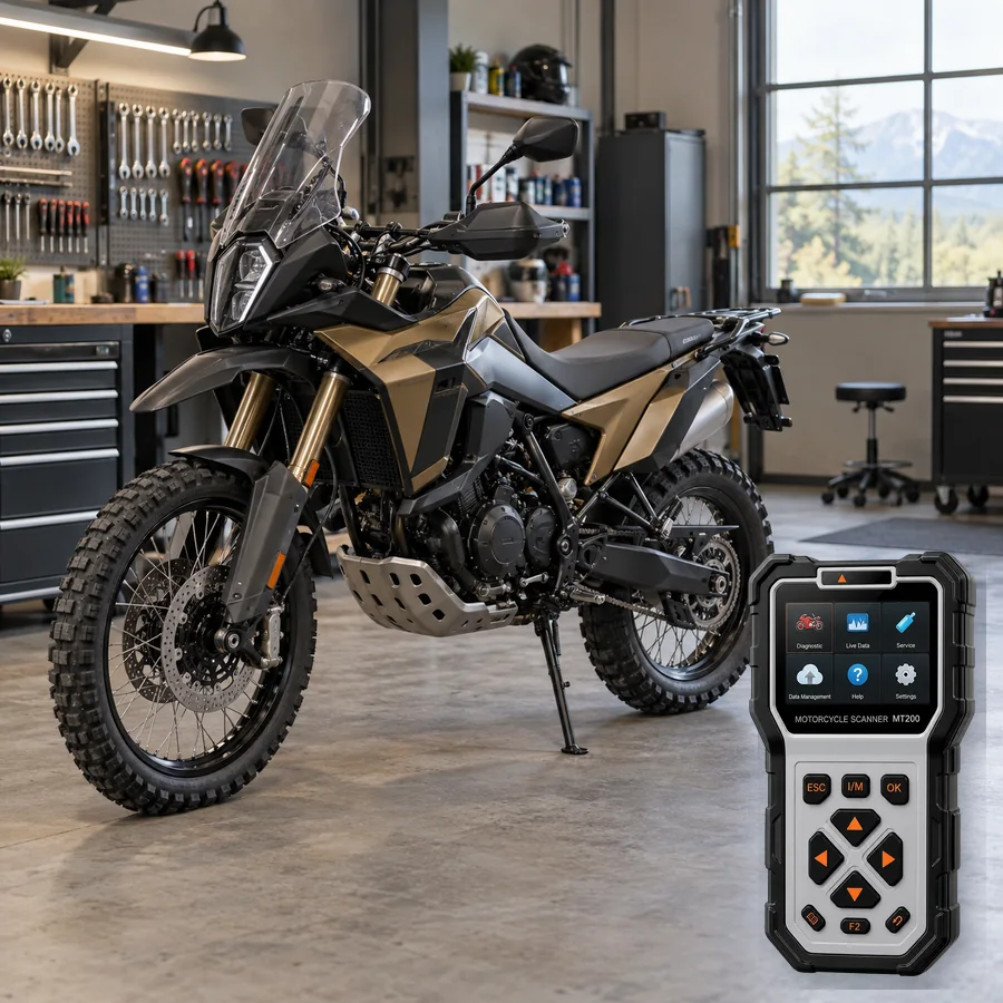 2026 KTM 890 Adventure R sınıfını anlatan logosuz temsili servis sahnesi ve gerçek ANCEL MT200; görsel uyumluluk kanıtı değildir