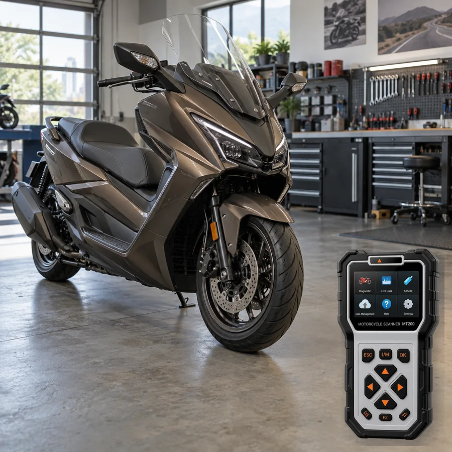 Kymco AK 550 Premium sınıfını anlatan logosuz temsili servis sahnesi ve gerçek ANCEL MT200; görsel uyumluluk kanıtı değildir