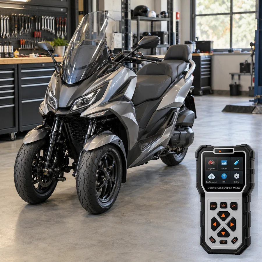 Kymco CV3 sınıfını anlatan logosuz temsili servis sahnesi ve gerçek ANCEL MT200; görsel uyumluluk kanıtı değildir