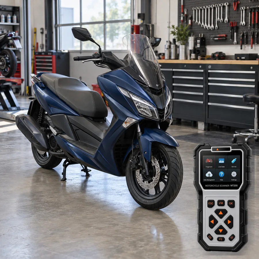 Kymco Dink R 150 sınıfını anlatan logosuz temsili servis sahnesi ve gerçek ANCEL MT200; görsel uyumluluk kanıtı değildir