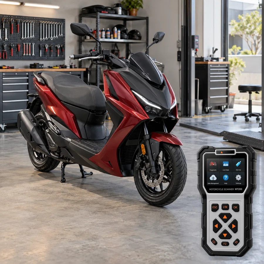 Kymco KRV 200 TCS sınıfını anlatan logosuz temsili servis sahnesi ve gerçek ANCEL MT200; görsel uyumluluk kanıtı değildir