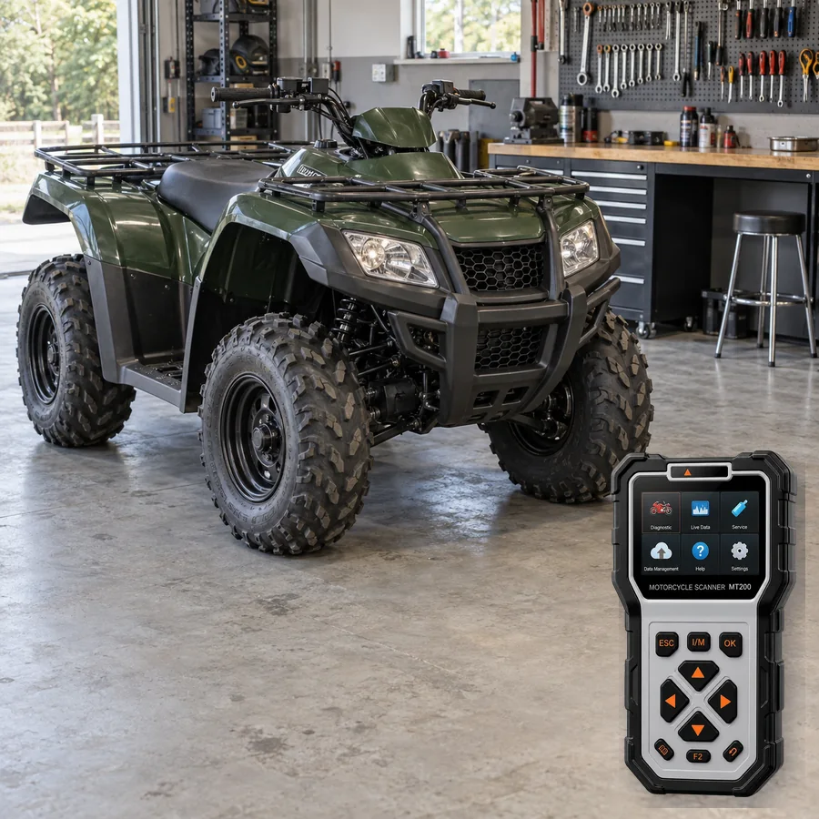 Kymco MXU 550i EPS sınıfını anlatan logosuz temsili servis sahnesi ve gerçek ANCEL MT200; görsel uyumluluk kanıtı değildir