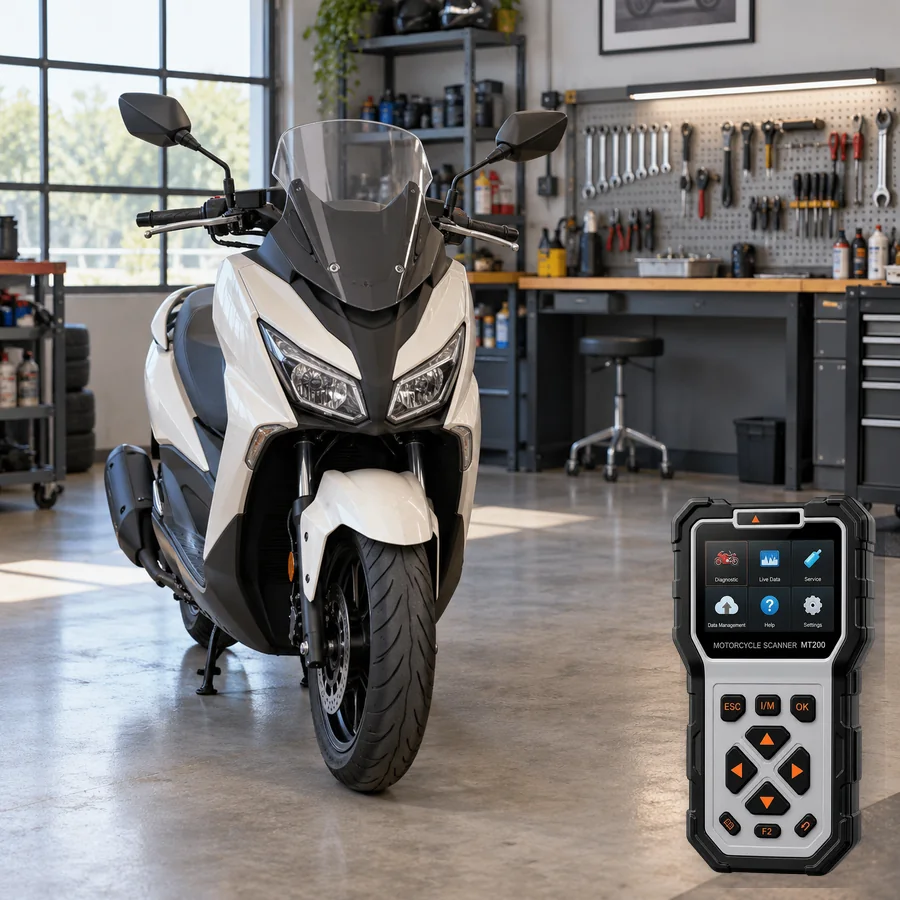 Kymco Sky Town 125 sınıfını anlatan logosuz temsili servis sahnesi ve gerçek ANCEL MT200; görsel uyumluluk kanıtı değildir