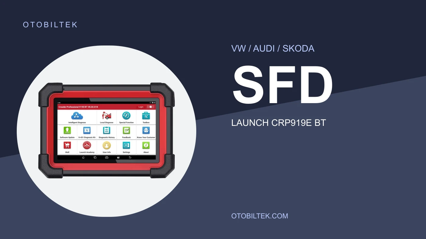 Real Launch CRP919E BT tablet photo alongside VW, Audi, and Skoda SFD heading; the image is not an SFD activation test.