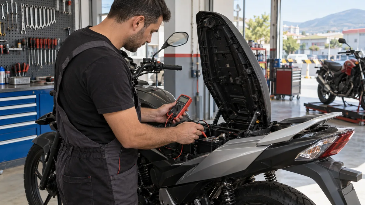 Manisa motosiklet servisinde scooter akü gerilimini ölçen teknisyeni gösteren temsili servis sahnesi
