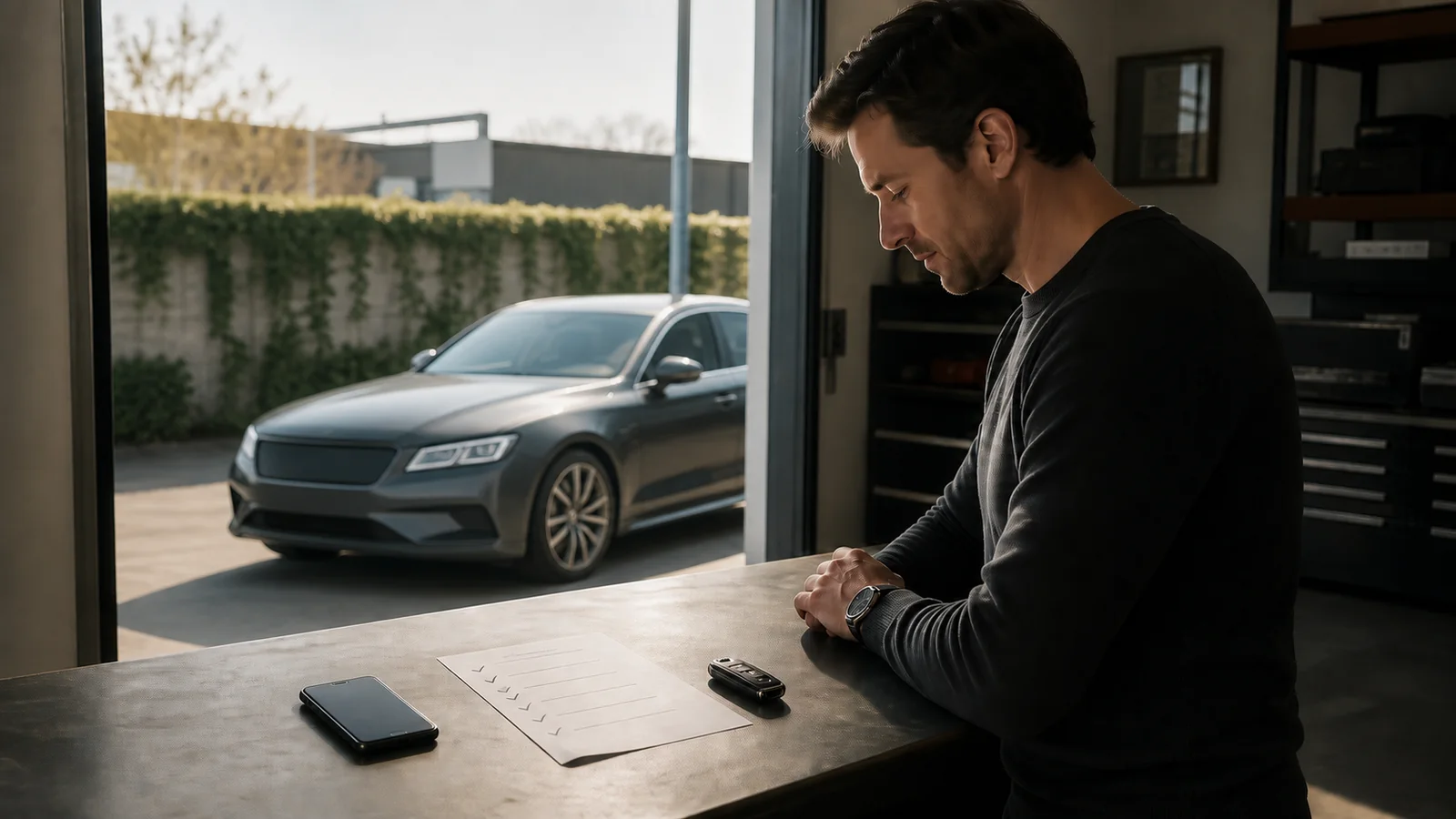 Markasız otomobil yanında telefon ve kontrol listesiyle mobil OBD seçeneğini değerlendiren sürücü