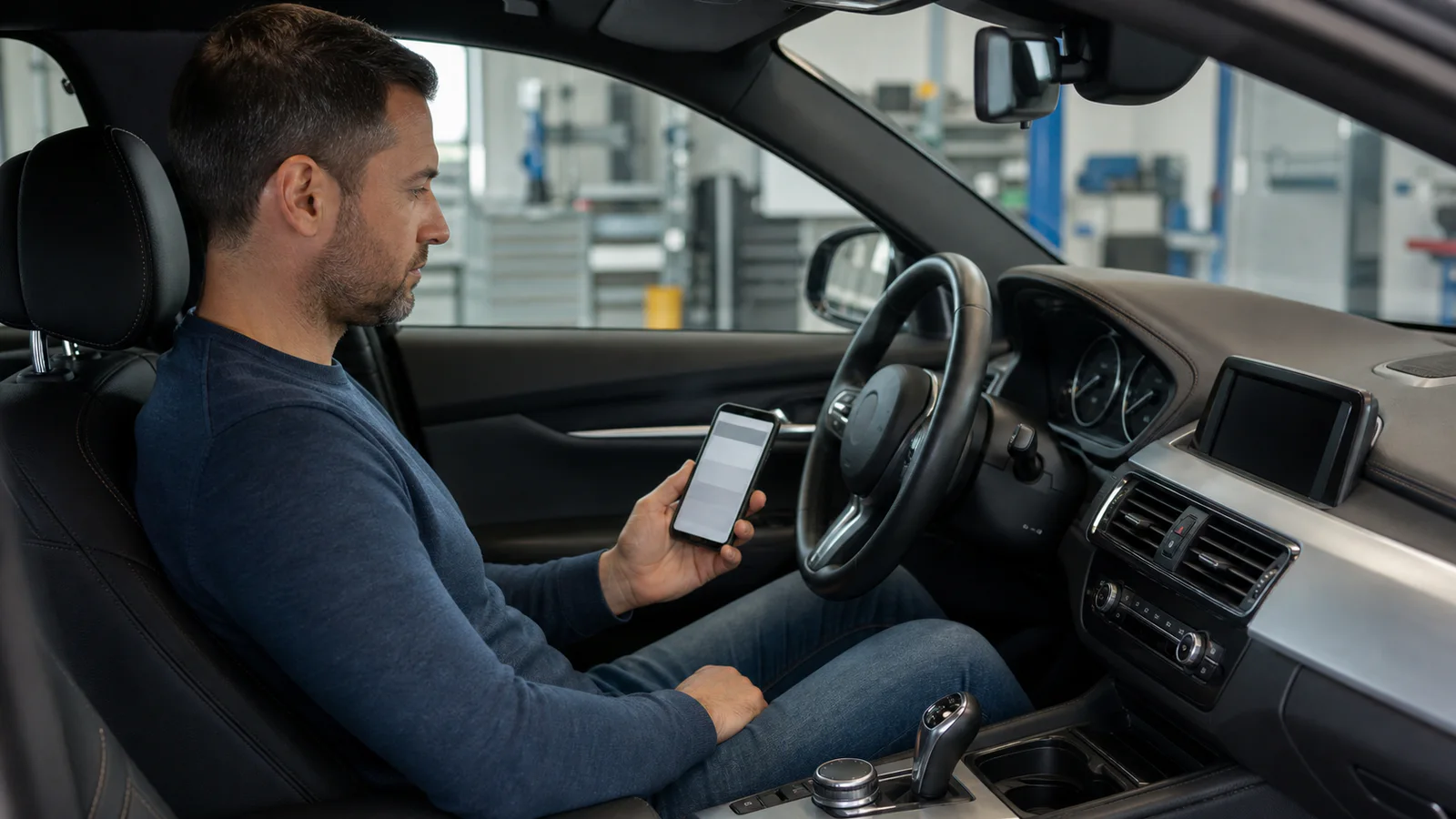 Park hâlindeki markasız otomobilde bağlantı yapmadan telefon uygulamasını inceleyen kullanıcı