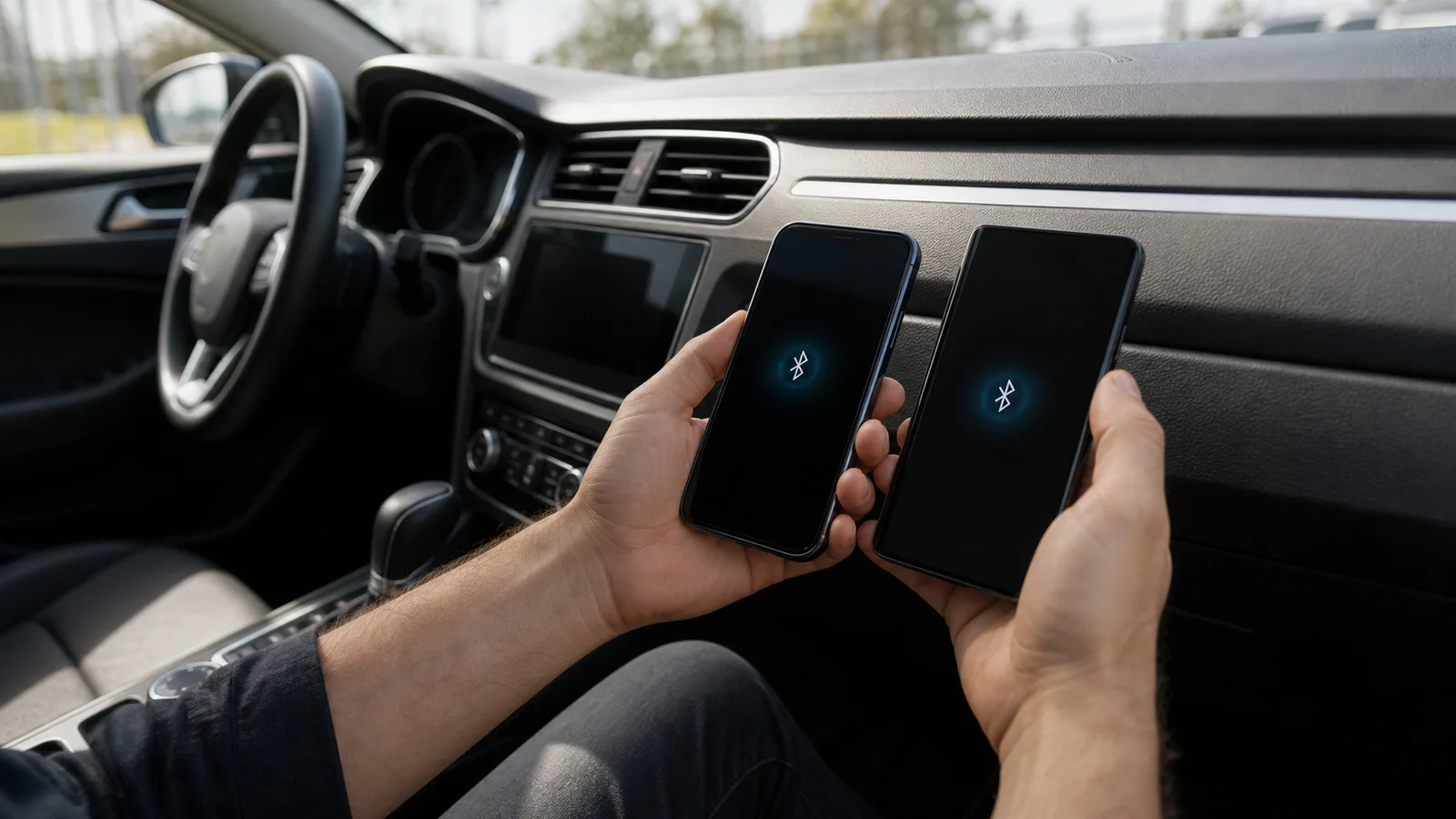 Otomobil içinde iPhone ve Android telefonla MBito bağlantı koşullarını karşılaştıran sürücü