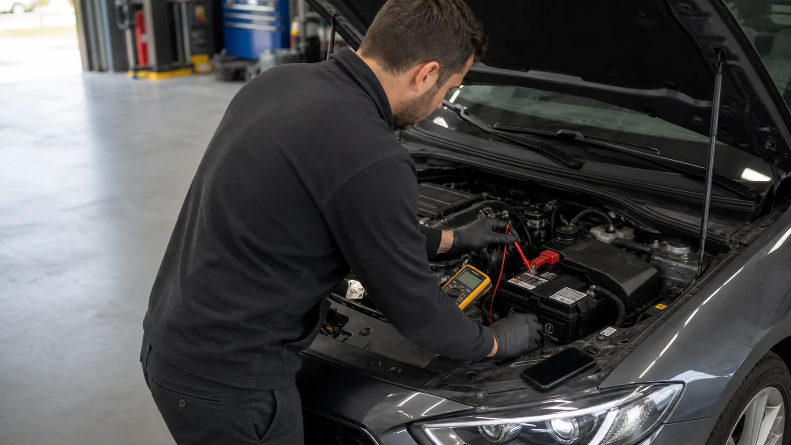 Markasız otomobilde 12 volt aküyü multimetreyle kontrol eden teknisyen