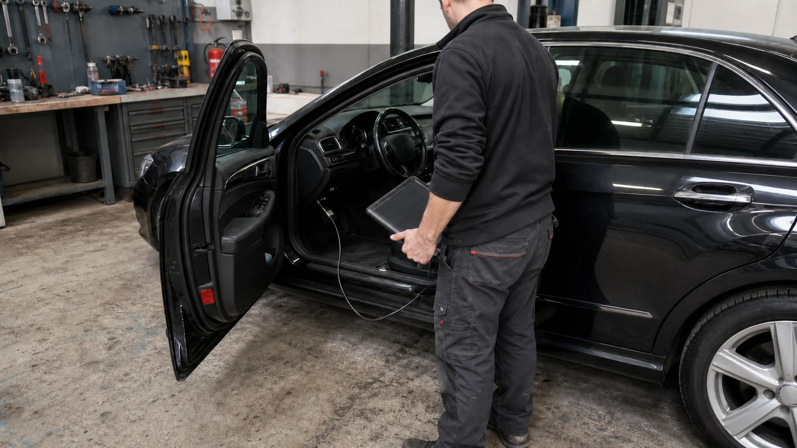 Mercedes tipi bir otomobilin OBD soketine kablo bağlayan servis teknisyeni