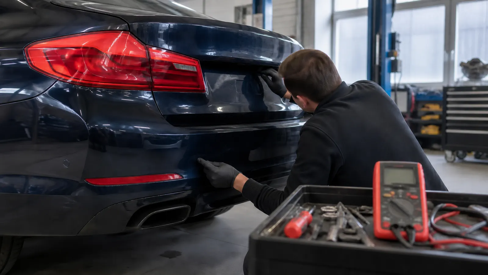 Otomobilin arka kamera ve park sensörü bölgesini kontrol eden elektronik teknisyeni