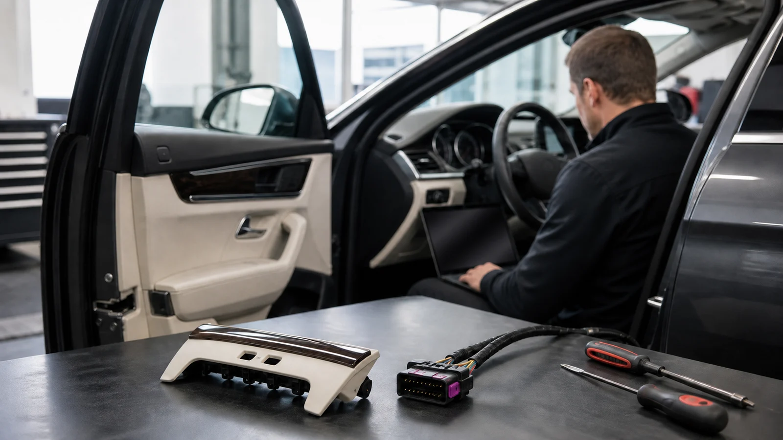 Otomobil iç trim parçaları ve diagnostik bağlantı üzerinde çalışan elektronik teknisyeni