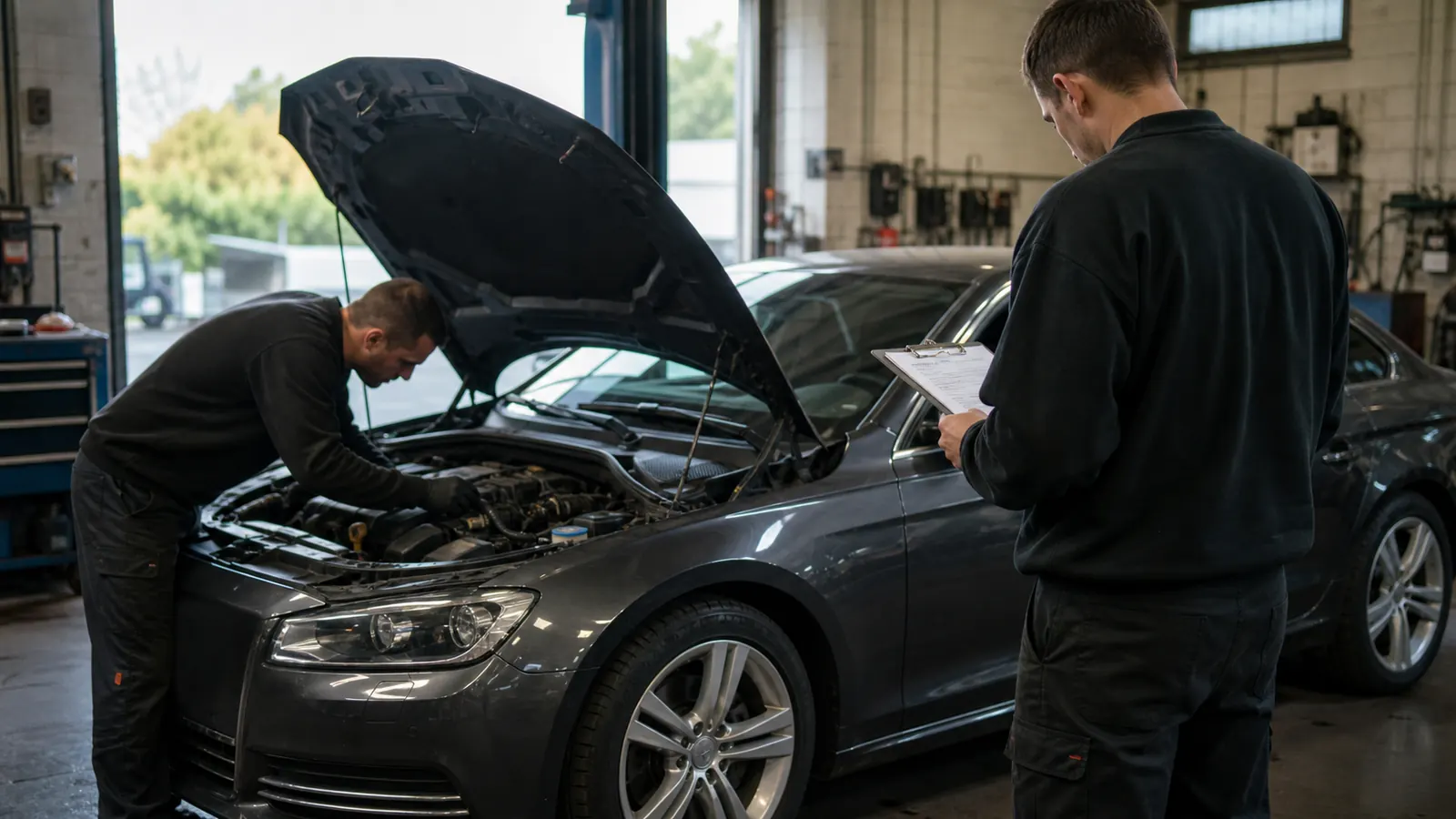 Kaputu açık otomobilin motor bölümünü kontrol eden iki servis teknisyeni