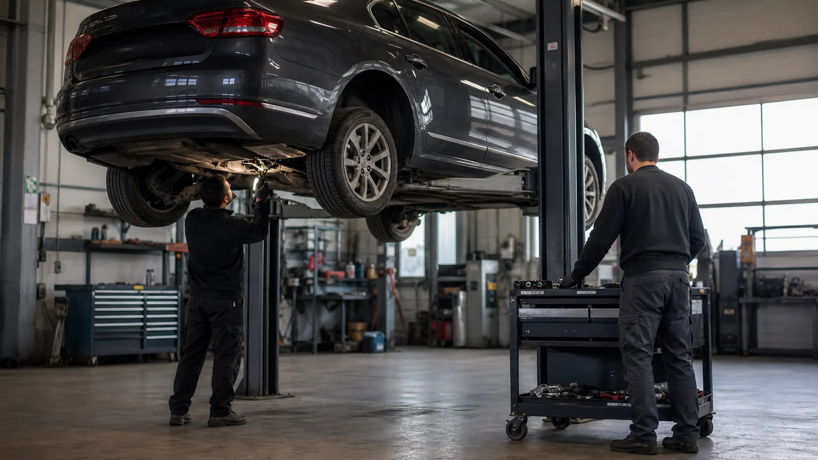 Liftteki otomobilin şanzıman ve alt takım bölgesini inceleyen teknisyenler
