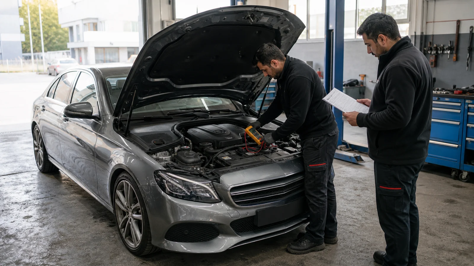 Mercedes tipi otomobilde start-stop için 12 volt akü ve elektrik durumunu kontrol eden teknisyenler
