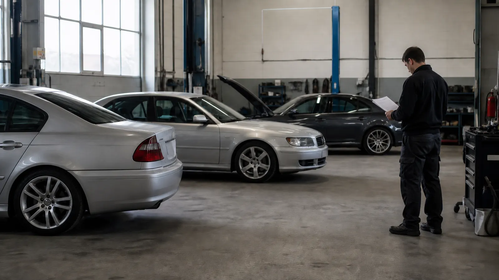 Farklı nesillerden üç otomobili servis kontrol listesiyle inceleyen teknisyen