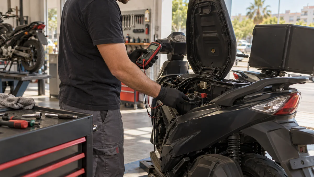 Mersin motosiklet servisinde scooter aküsü ve teşhis soketi ön kontrolünü gösteren temsili servis sahnesi