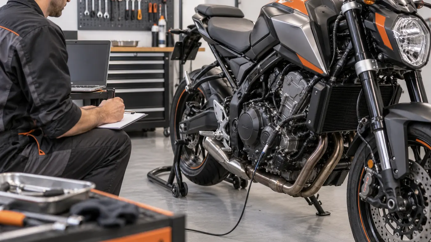Motosiklet çalışırken diagnostik bulguları servis formuna kaydeden teknisyen