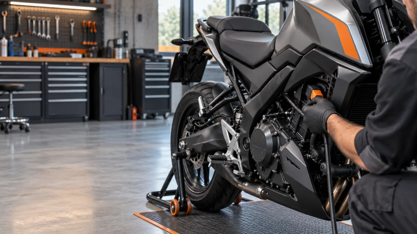 Motosiklet servisinde diagnostik kablo bağlantısını hazırlayan teknisyen