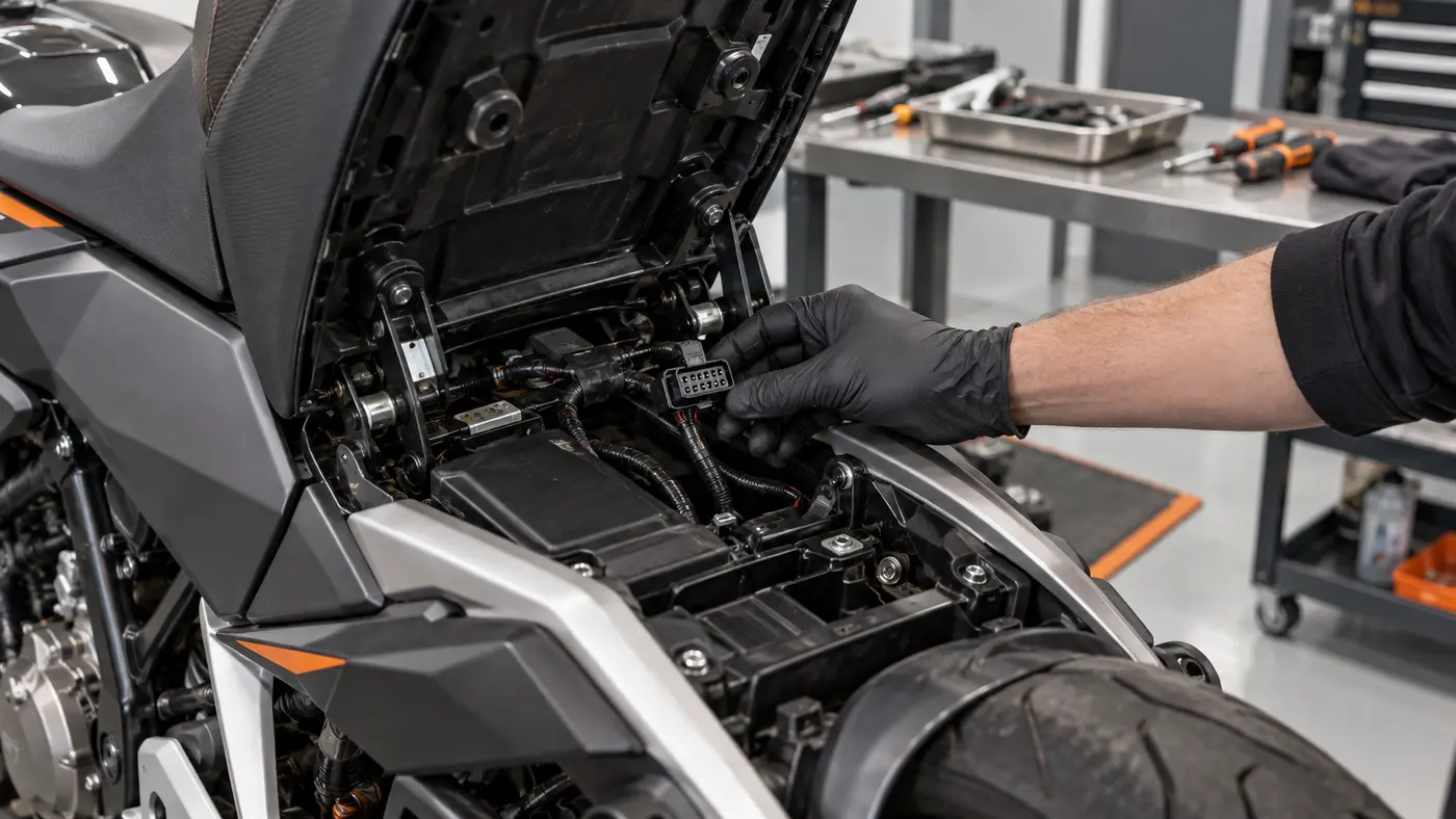 Motosikletin sele altındaki diagnostik soketini kontrol eden eldivenli teknisyen