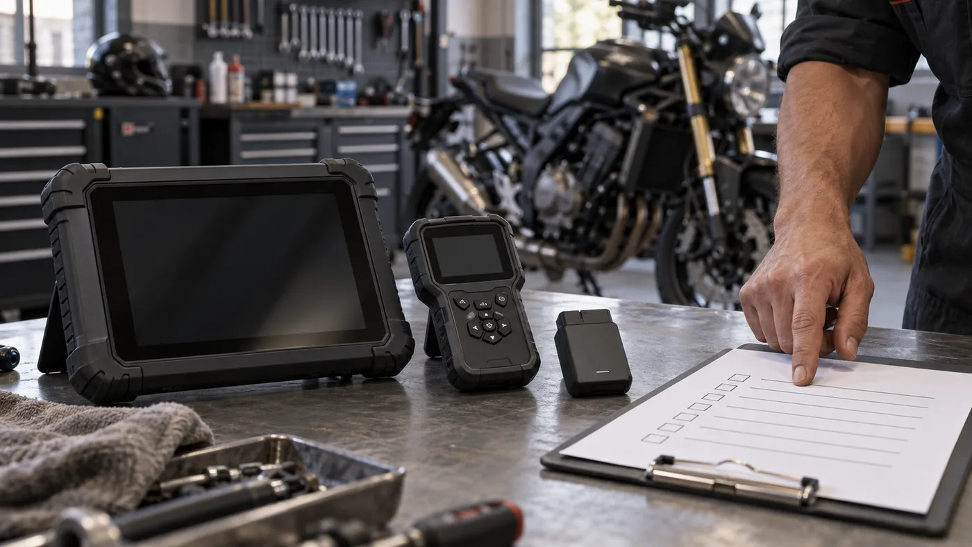 Motosiklet servisinde kompakt cihaz, tablet ve kablosuz adaptör seviyelerini seçen teknisyen