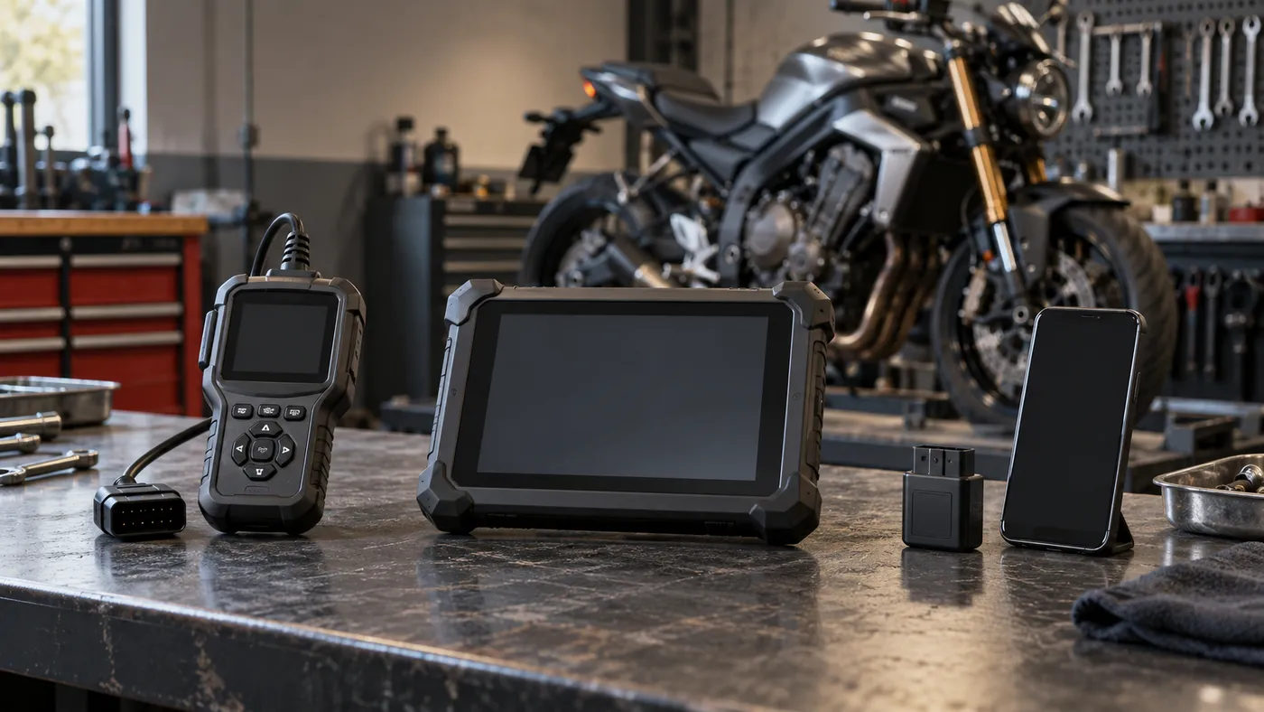 Motosiklet servis tezgâhında taşınabilir, tablet ve telefon bağlantılı cihaz seviyeleri