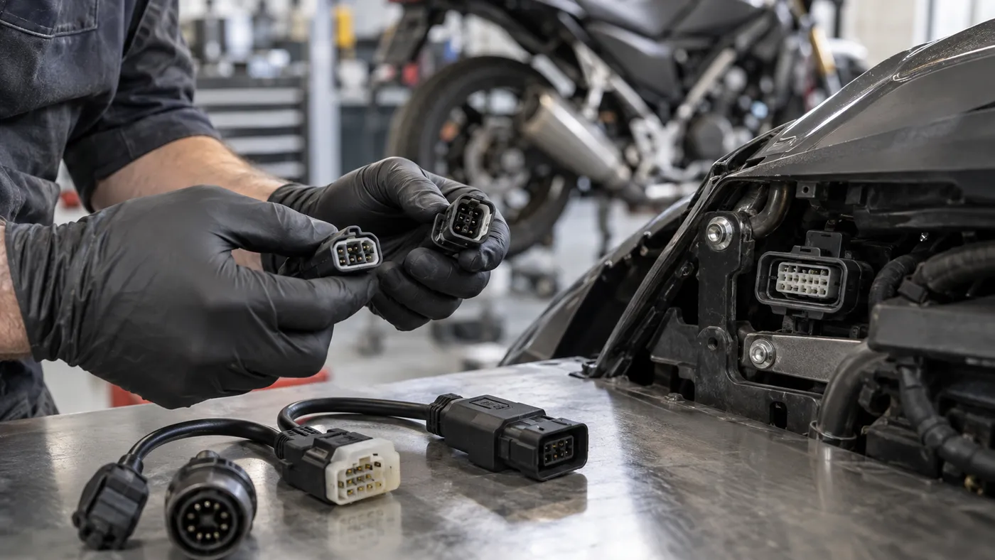 Motosiklet diagnostik soketleri ve farklı adaptör uçlarını karşılaştıran teknisyen