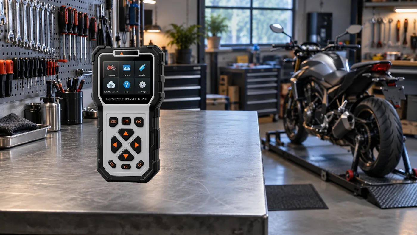 Actual Ancel MT200 device and motorcycle service bench